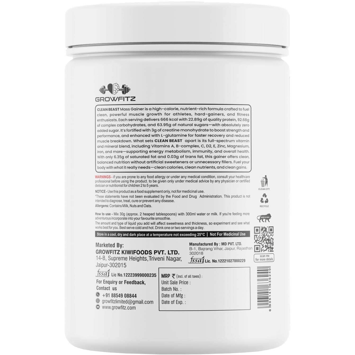 Growfitz All Natural Clean Beast Mass & Weight Gainer 500gram | 23g High Protein | Cereals Based | Support Muscle Growth | 95g Carbs & 3g Creatine | 666 Calories With Vitamins & Minerals | Chocolate Flavour