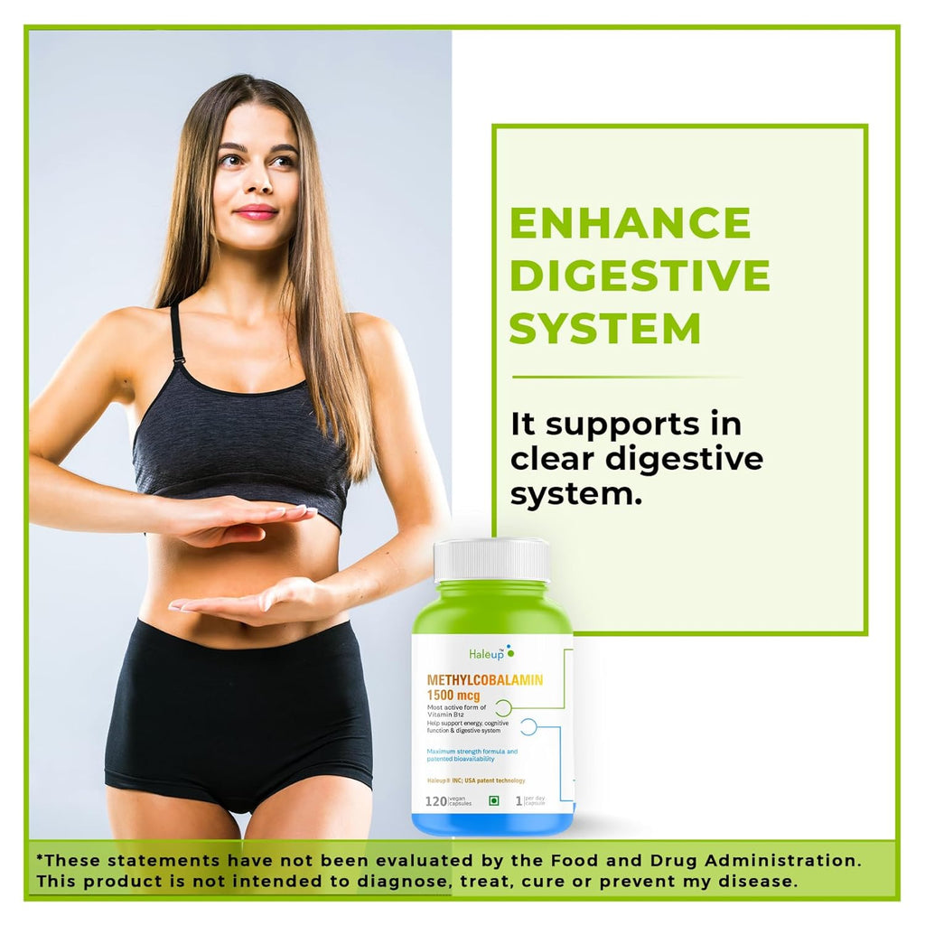 Haleup Vitamin B12 supplement capsules1500mcg -Active form of Methylcobalamin B12 Supplement for Men & Women- 120 Veg capsules