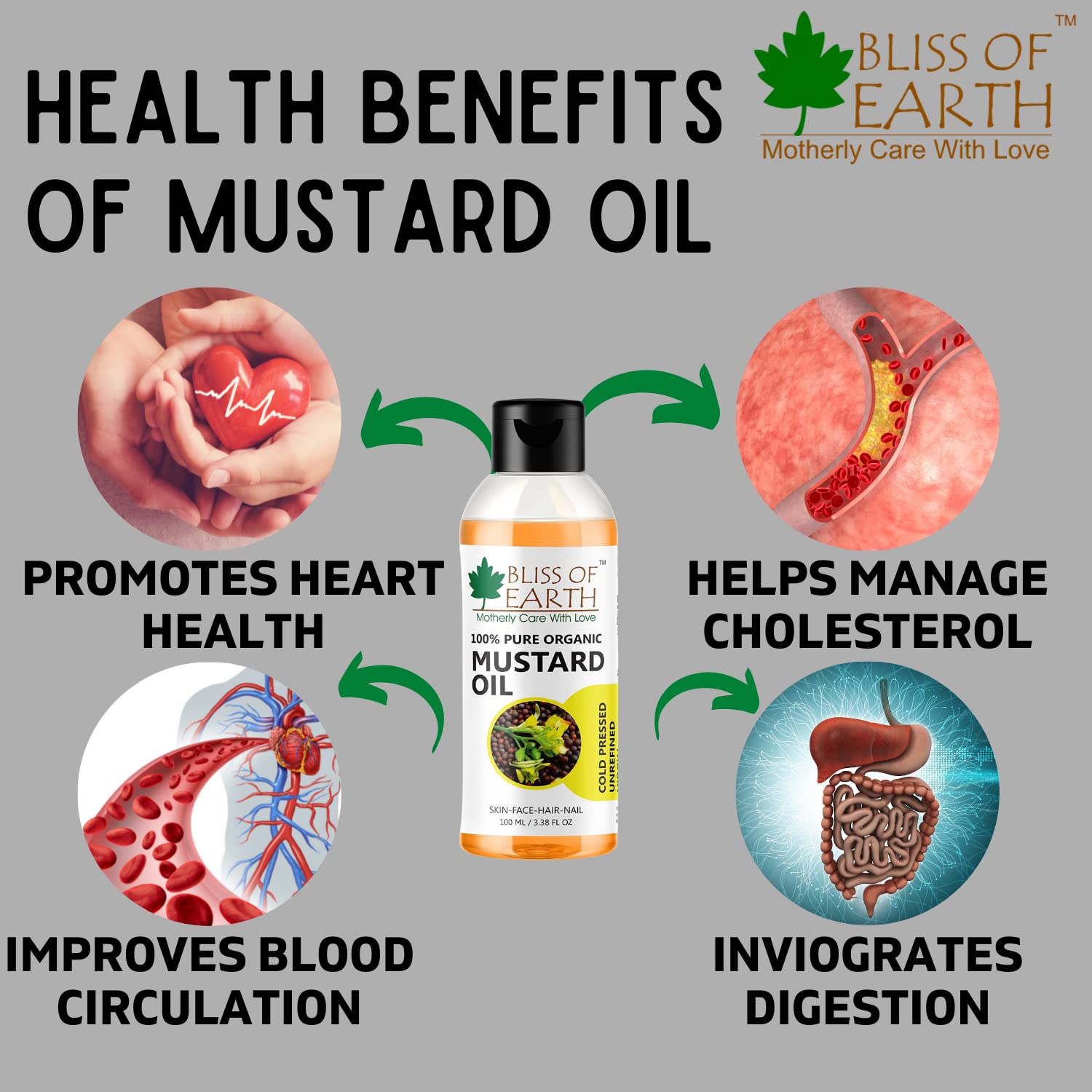 Bliss of Earth Mustard Oil for Hair, 100% Pure Organic & Hexane Free, Organic Mustard Oil, Cold Pressed, Baby-Friendly, Antibacterial, 100ml,