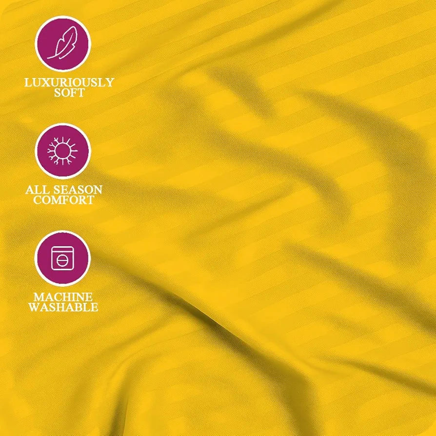Trance Home Linen 100% Cotton 78x66 inch 200TC Satin Stripe Elastic Fitted Bedsheet Daily Use Double Bed Fitted Bedspread with 2 Pillow Covers Colour Golden Yellow