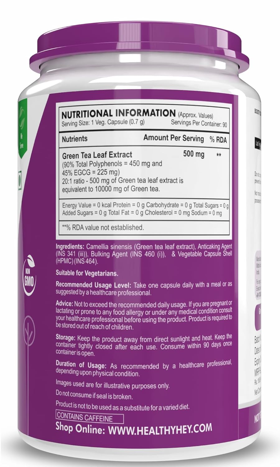 HealthyHey Nutrition Green Tea Extract - 90% Polyphenols & 45% EGCG - 20:1 ratio -90 Veg. Capsules