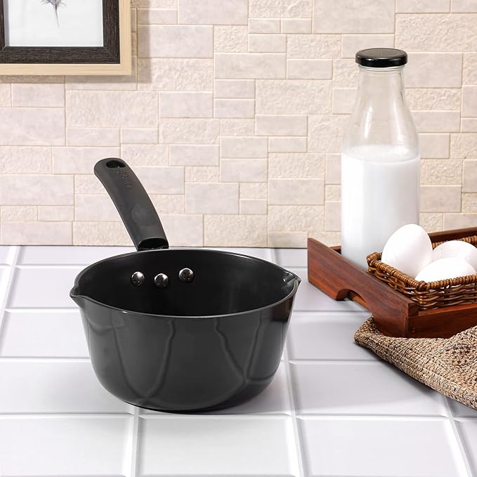 Vinod Black Pearl Hard Anodised American Non Stick Saucepan - 1 litre, 14cm | 3.25mm Thickness | Metal Spoon Friendly | Easy to Pour