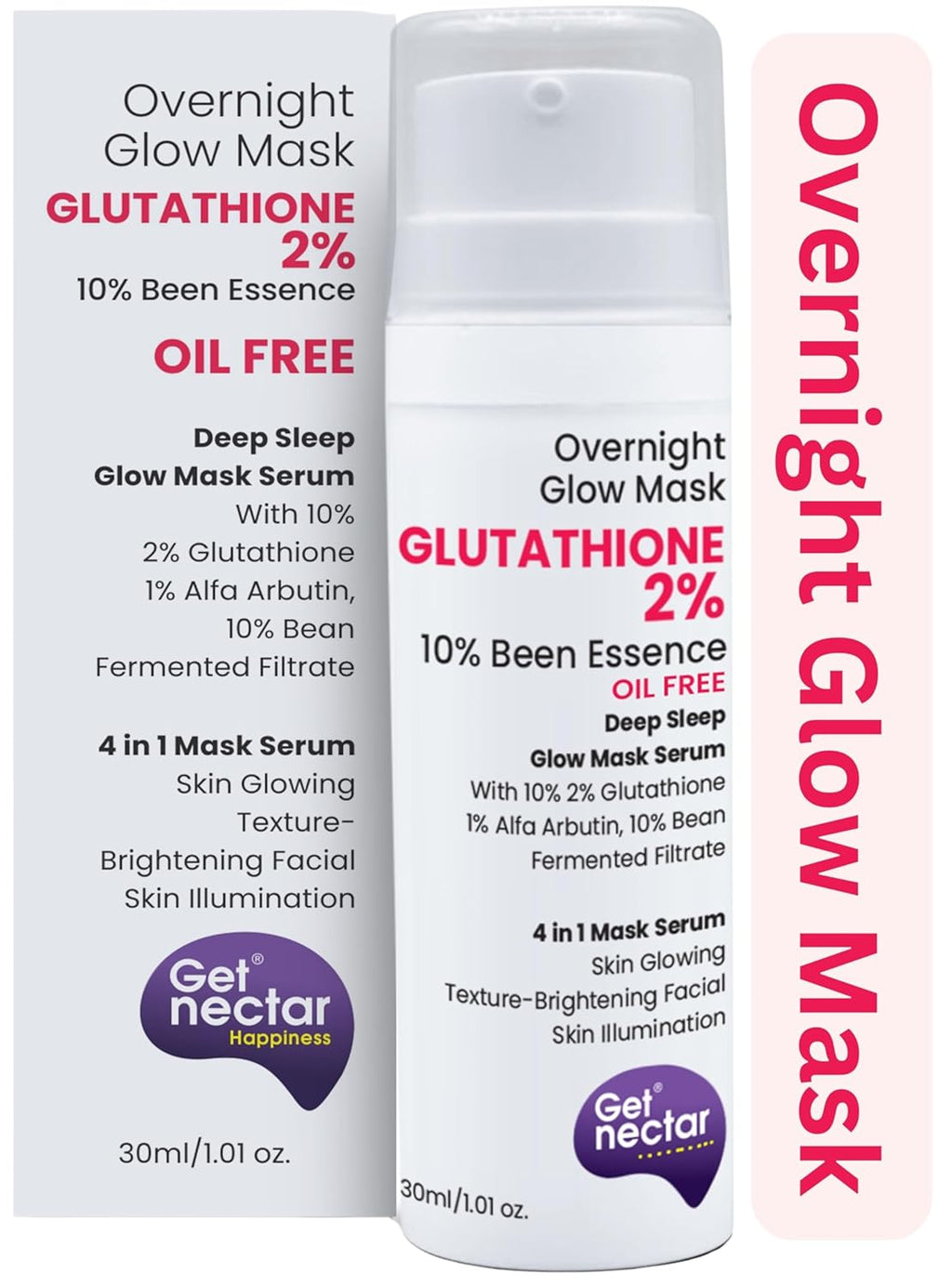 Get Nectar Happiness Overnight Glow Mask 2% Glutathione Cream (Oil Free) with 10% Been Fermented Filtrate Essence for Skin Glowing Texture-Brightening facial, Skin Illumination (30ml)