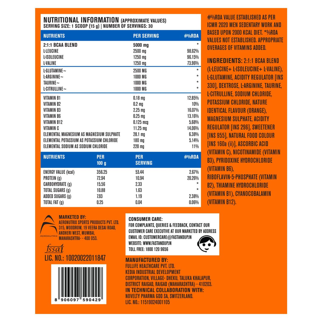 FAST&UP BCAA Orange Flavour Advanced BCAA Supplement with Glutamine, Citrulline, L-Arginine & Taurine - Pre/Post Workout & Intra Workout Supplement Powder for Adults(450gm, 30 Servings)