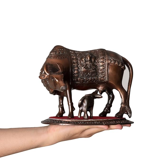 Ecraftindia Metal Kamdhenu Cow and Calf Figurine | Red and Brown