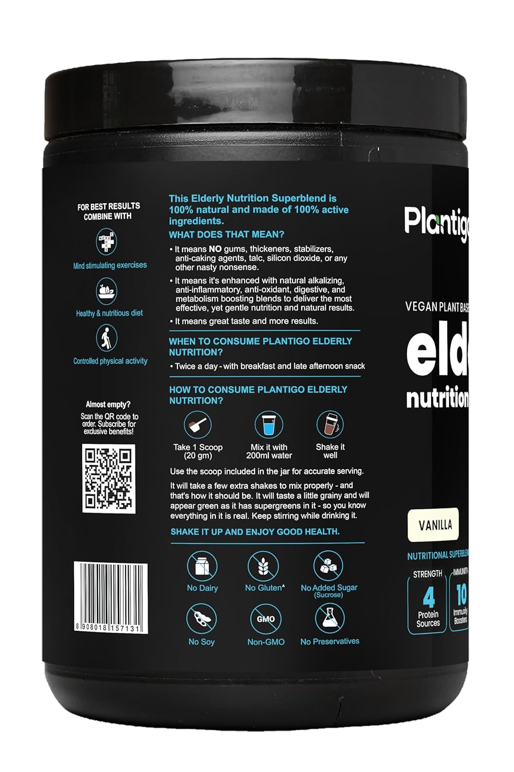 Plantigo Superior 51+ Plant Protein Powder for Senior Adults | Elders, Old Men & Women | No Sugar, 14 Calories | Pea Protein, Oats | Heart Health & Muscle Recovery, Protein (Vanilla - 500g)