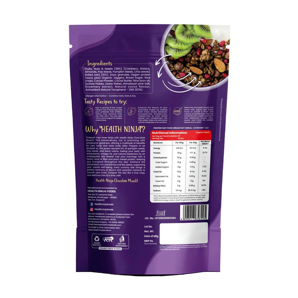 Health Ninja Dark Chocolate Muesli, 900 gms | High Protein Breakfast Cereal | Oats, Almonds, Chia, Flax & Pumpkin Seeds