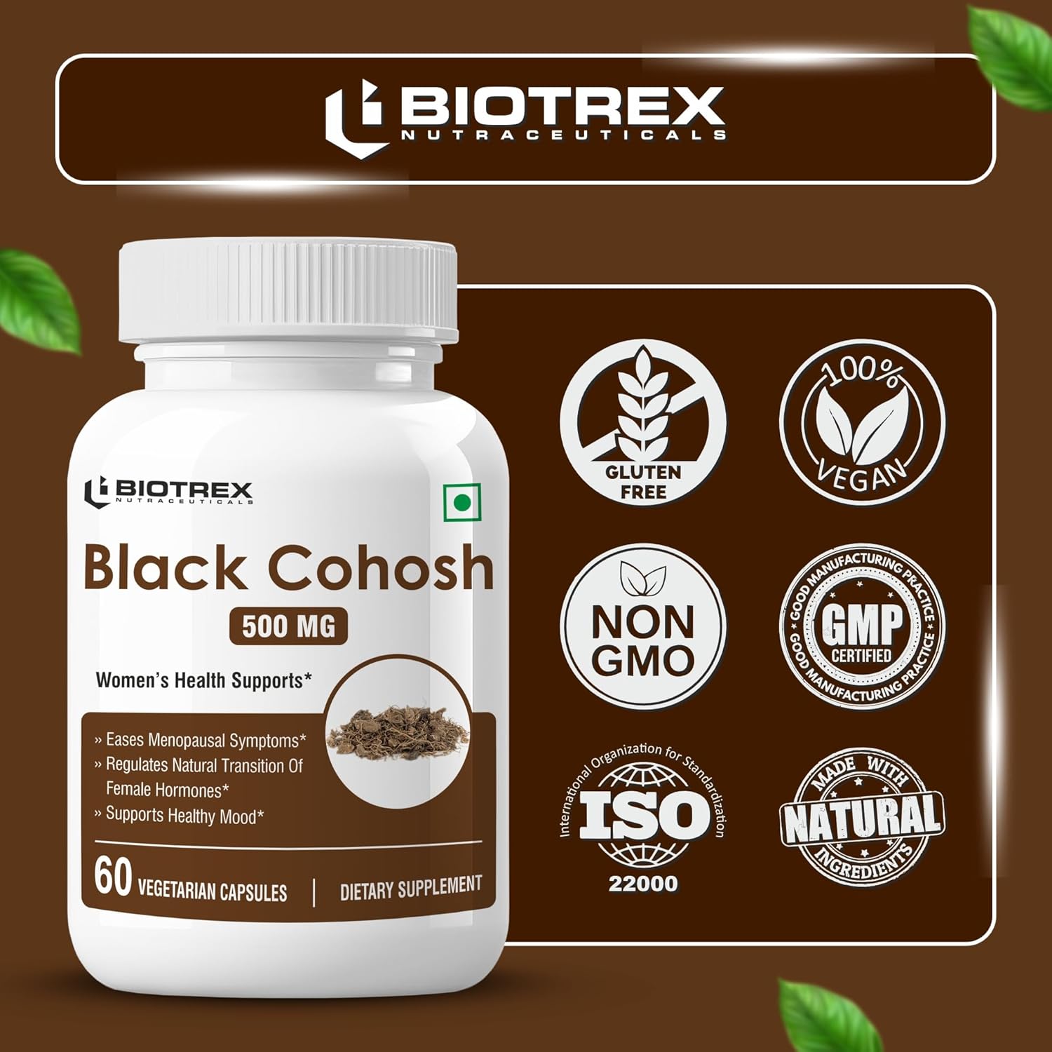 Biotrex Nutraceuticals Black Cohosh (10:1) 500mg | Supports Mood Balance & Hot Flashes | Overall Wellbeing & Bone Health | Non-GMO & Gluten Free | 60 Veg Capsule