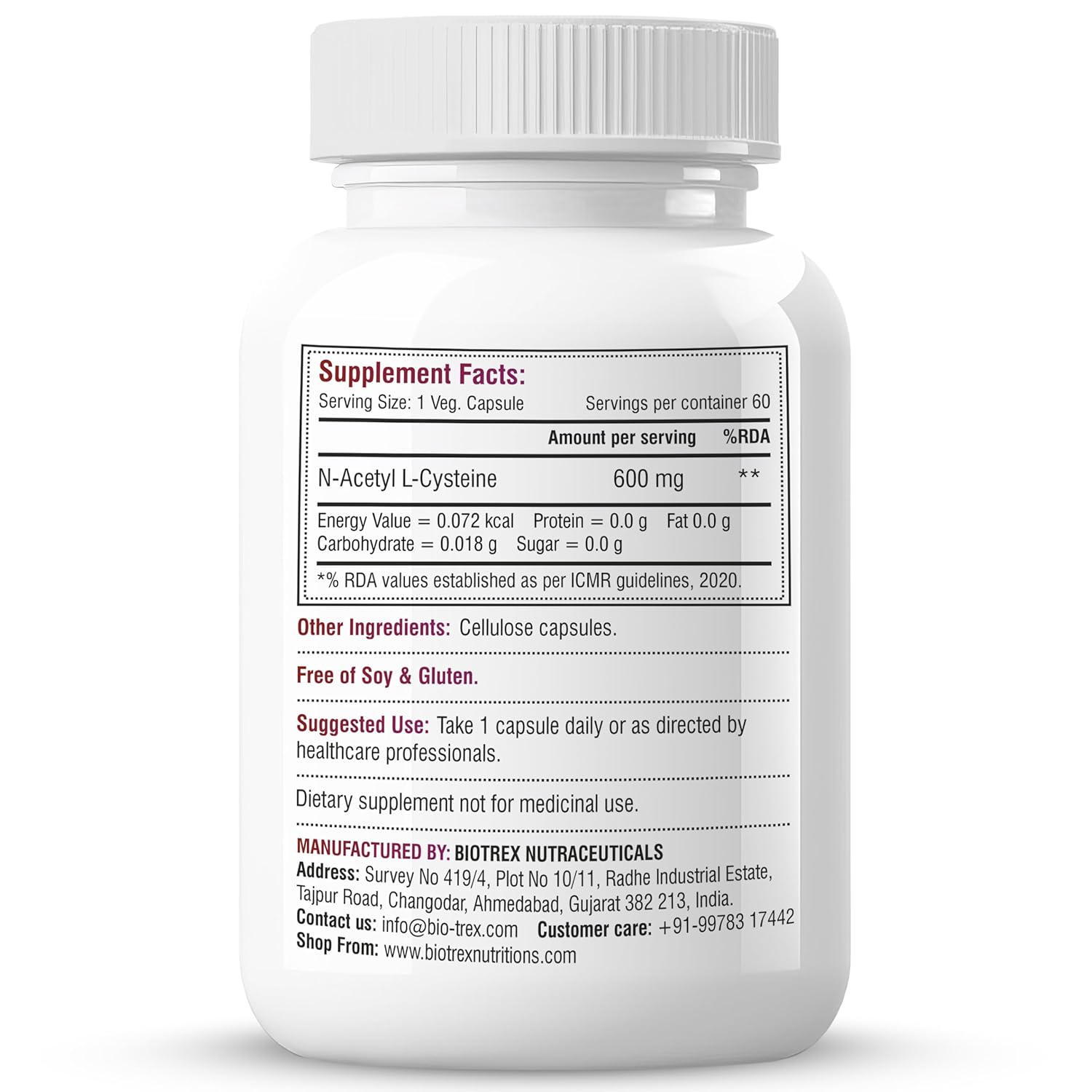 Biotrex Nutraceuticals N Acetyl L-Cysteine (NAC) 600mg, Antioxidant Production | Liver & Kidney | Immunity, Respiratory & Cellular Support - 60 Veg Capsules
