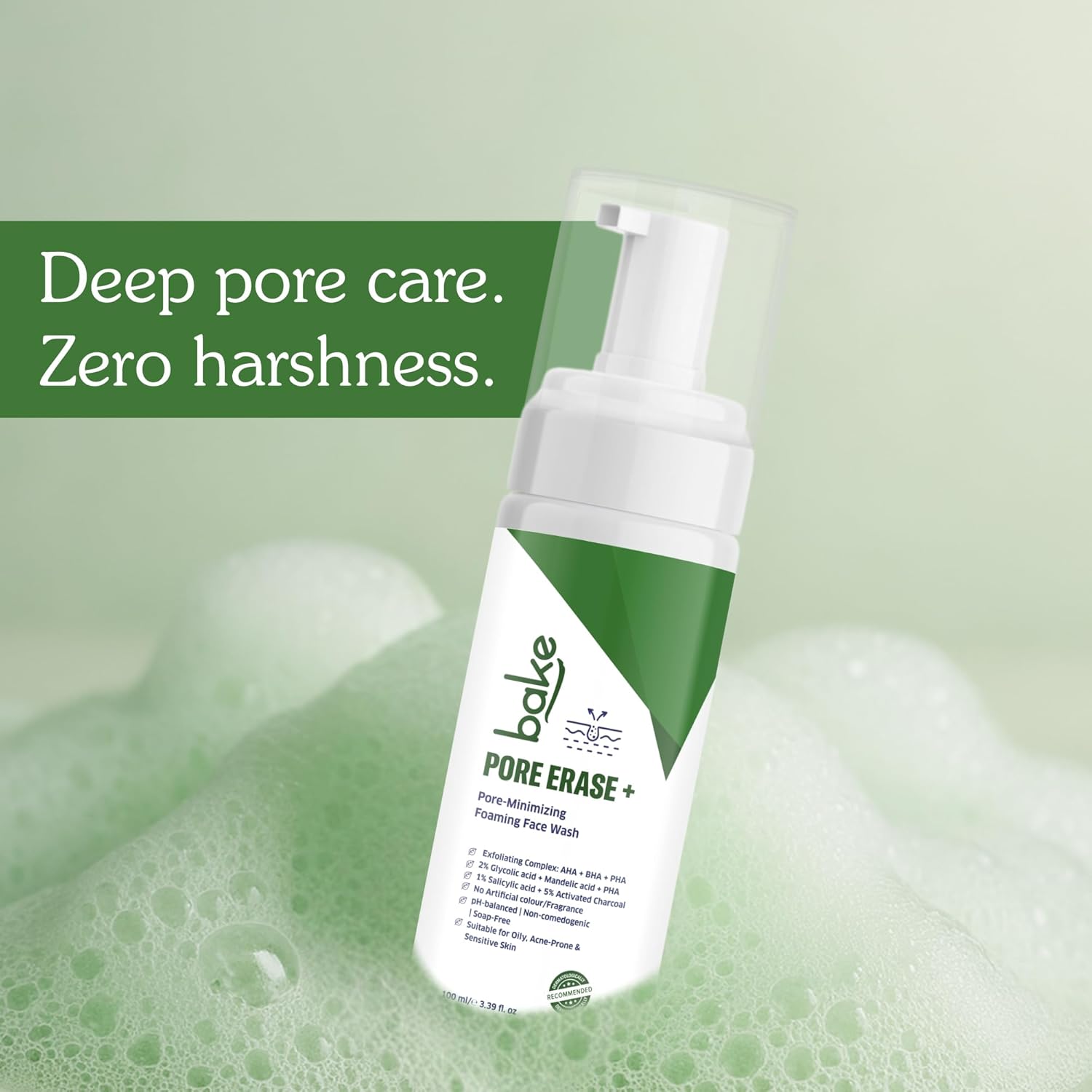 BAKE Pore Erase Foaming Face Wash with 2% Glycolic Acid, 1% Salicylic Acid & Mandelic Acid | Unclogs Pores, Reduces Blackheads & Whiteheads, Controls Sebum | For Oily, Acne Prone & Combination Skin â€“ 100ml
