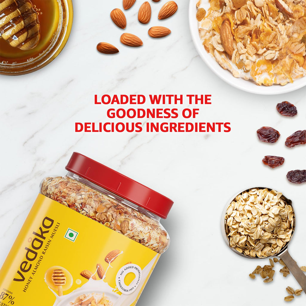 Vedaka Honey Almond Raisin Muesli | 1 Kg | Jar | Sweetened with Natural Honey | Contains 87% of Dry Fruits, Nuts and Multigrains | Source of Fiber | No Added Preservatives