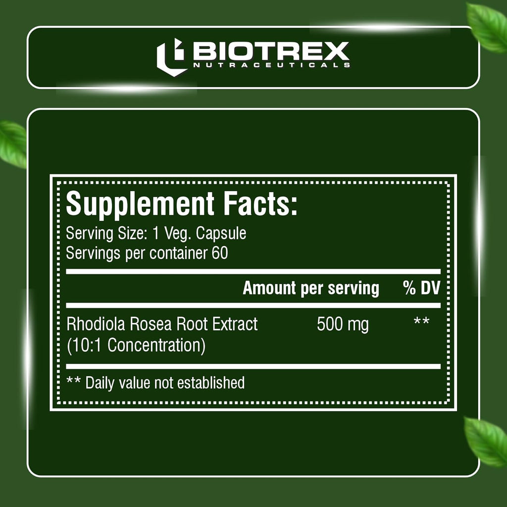 Biotrex Nutraceuticals Rhodiola 500mg Supplement | Adaptogenic Natural Herb | Relaxation & Cognitive Wellbeing | Enhances Resilience, Sleep & Focus | Healthy Stamina | Non-GMO | 60 Veg Capsules