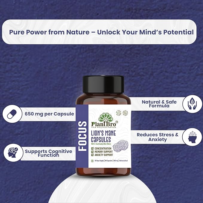 Plant Bro Lion's Mane Herbal Capsules - 60 Capsules | 650 Mg | 100% Fruit Body With No Fillers