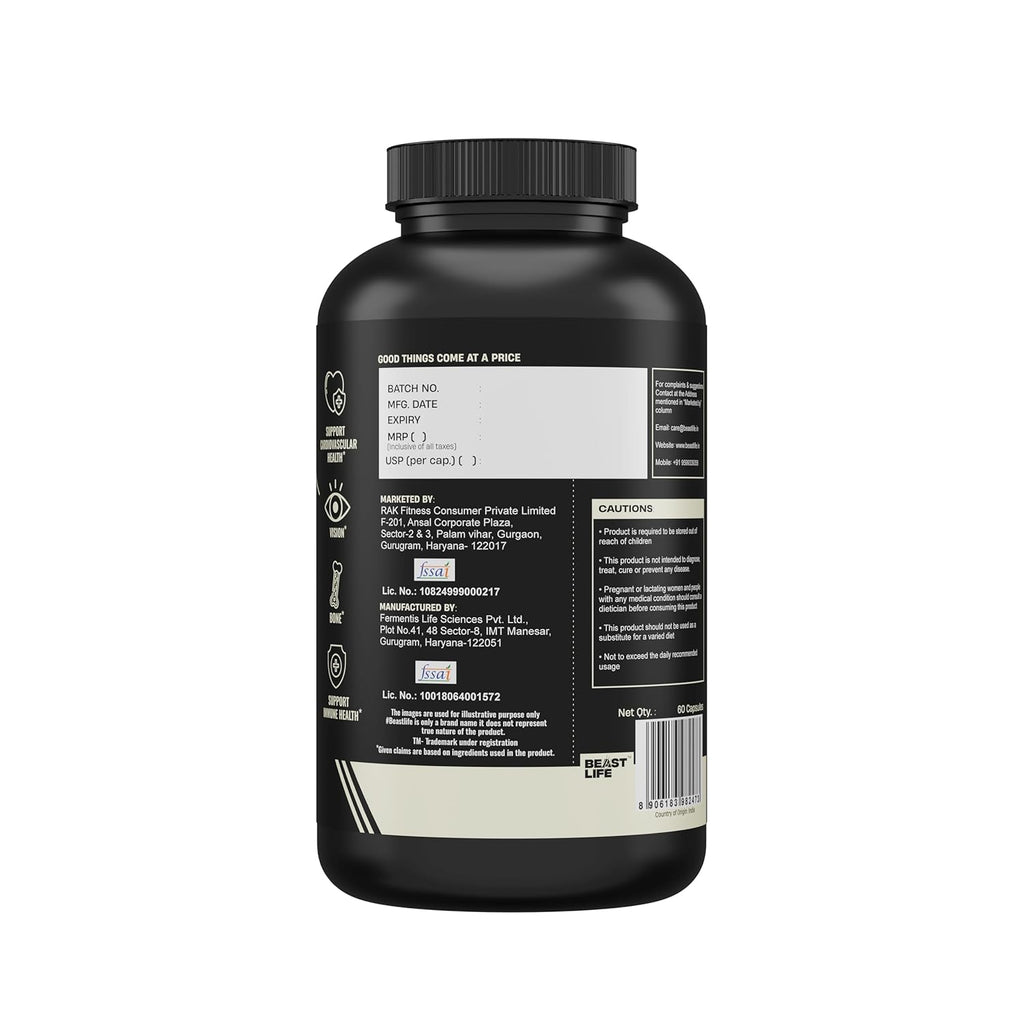 BeastLife Liposomal Vitamin D3 Plus with Vitamin A & Vitamin K2 | for Immune Support, Bone Health & Absorption | Skin Support | Calcium Utilization & Arterial Health |Max Bioavailability | 60 Capsules