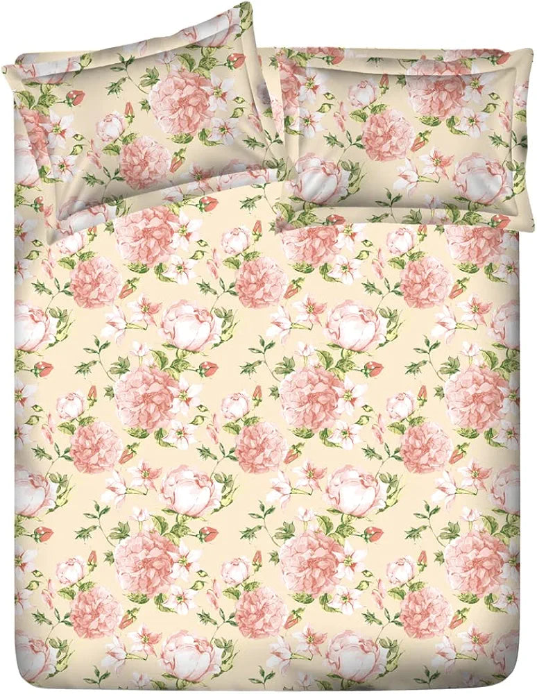 Layers Classic Cotton Bedsheet Set for All Seasons Lightweight 104 TC Queen Size Light Pink, Floral Pattern
