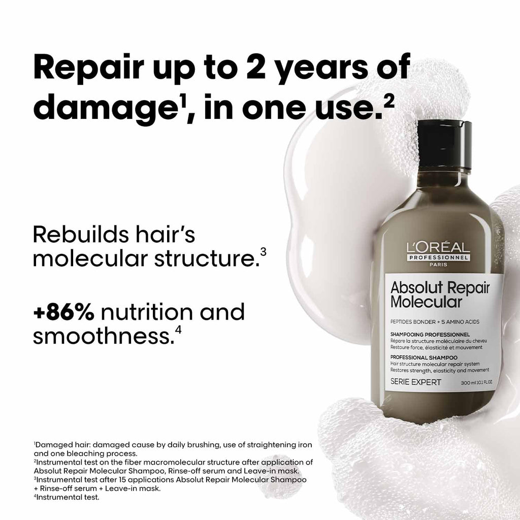 L'OrÃ©al Professionnel Paris Absolut Repair Molecular Sulfate-Free Deep Repairing Shampoo for Damaged Hair | Repair up to 2 years of damage, in one use | 2% peptides bonder, 300ml