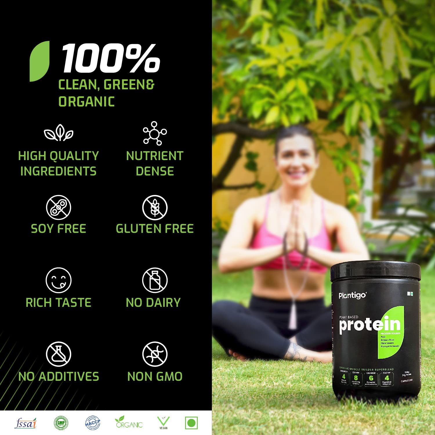 Plantigo Clean Protein Powder Men & Women | 24g Plant Protein, 4.4g BCAA, 2g Leucine, 4g Fiber | No Sugar, No Dairy, No Preservatives | 4x Fast Digest, Stress & Muscle Recovery | Swiss Chocolate 500g