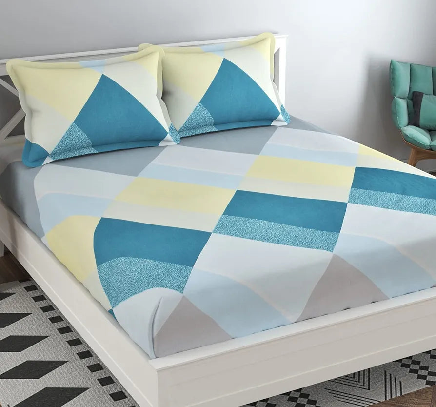The Home Style Cotton Feel Glace Cotton Elastic Single Bed Bedsheet With 1 Pillow Cover 300 TC Light Iceberg Blue