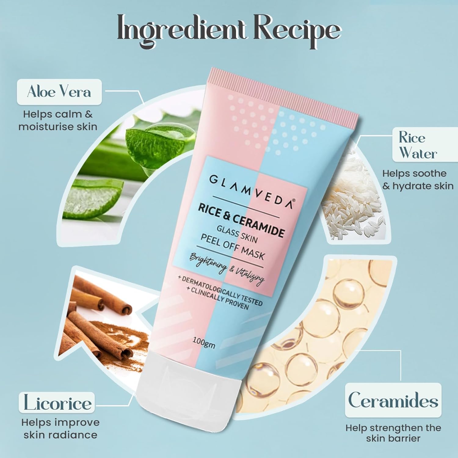 Glamveda Rice & Ceramide Korean Glass Skin Peel off Mask | Reduces Signs of Ageing | For Dry & Dull Skin Brightening & Even Tones Complexion | Peel off Face Mask for Men & Women | 60gm