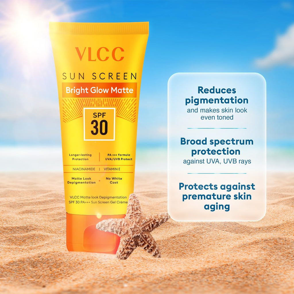 VLCC Bright Glow Matte SPF 30 Sunscreen with PA+++ | Non-Greasy Tinted Formula with Niacinamide, Vitamin E & Grapefruit Extract | Broad Spectrum UVA/UVB Protection | Reduces Pigmentation & Tanning
