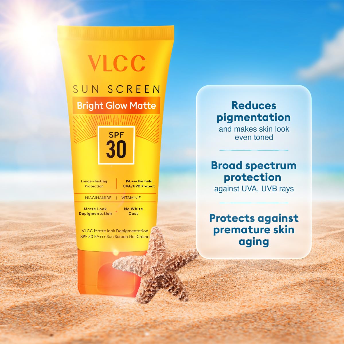 VLCC Bright Glow Matte SPF 30 Sunscreen with PA+++ | Non-Greasy Tinted Formula with Niacinamide, Vitamin E & Grapefruit Extract | Broad Spectrum UVA/UVB Protection | Reduces Pigmentation & Tanning