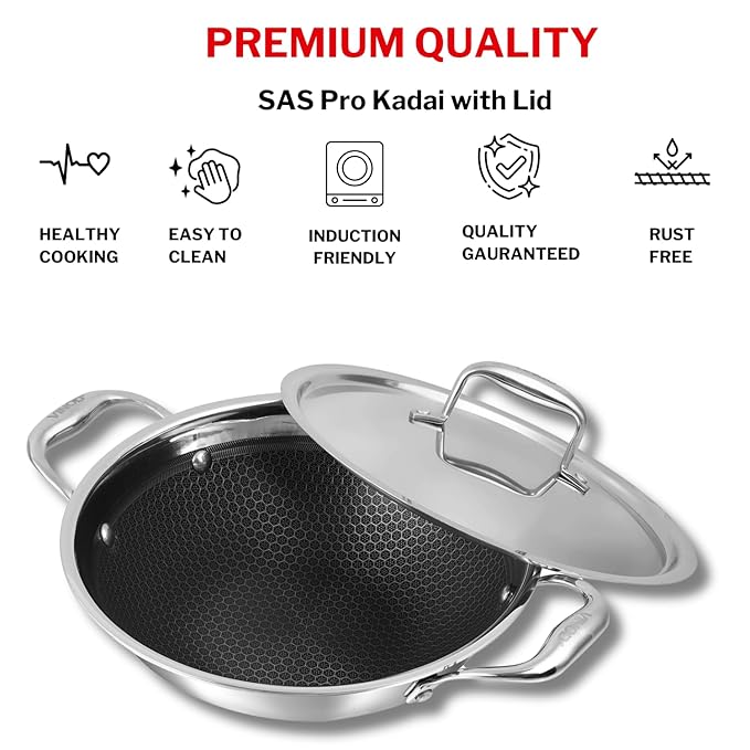 Vinod Sas Pro Platinum Stainless Steel Non Stick Extra Deep Kadai With Lid- 2.4 Litre, 22cm | Hexa Design Triply Kadhai | Ceramic Coating | Induction Base