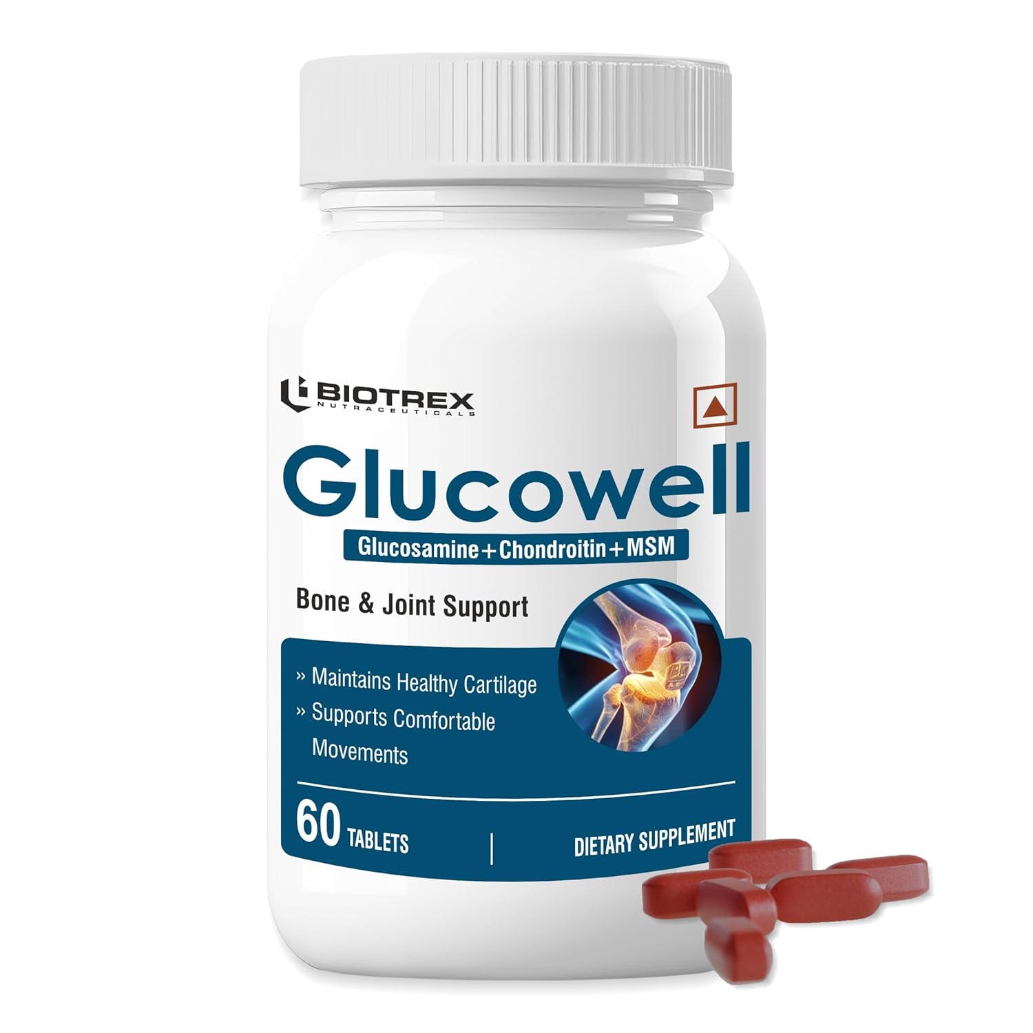 Biotrex Nutraceuticals Glucowell 500mg | Glucosamine, MSM & Chondroitin Supplement | Cartilage, Joint & Bone Health | 60 Tablets (Pack of 1)