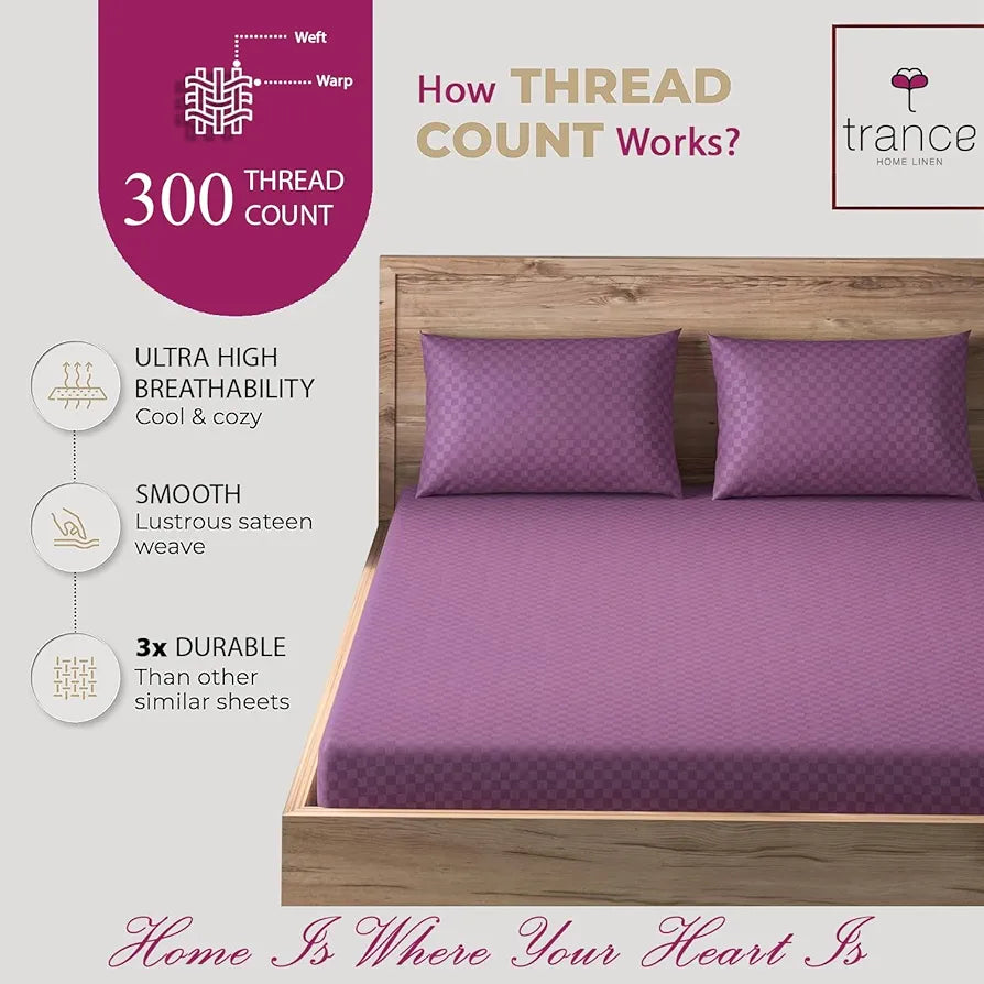 Trance Home Linen 300TC Jacquard Weave Fitted Bedsheet for King Size Bed with 2 Pillow Cover Skin Friendly Premium 100% Cotton 78 x 72 Inches Colour Plum