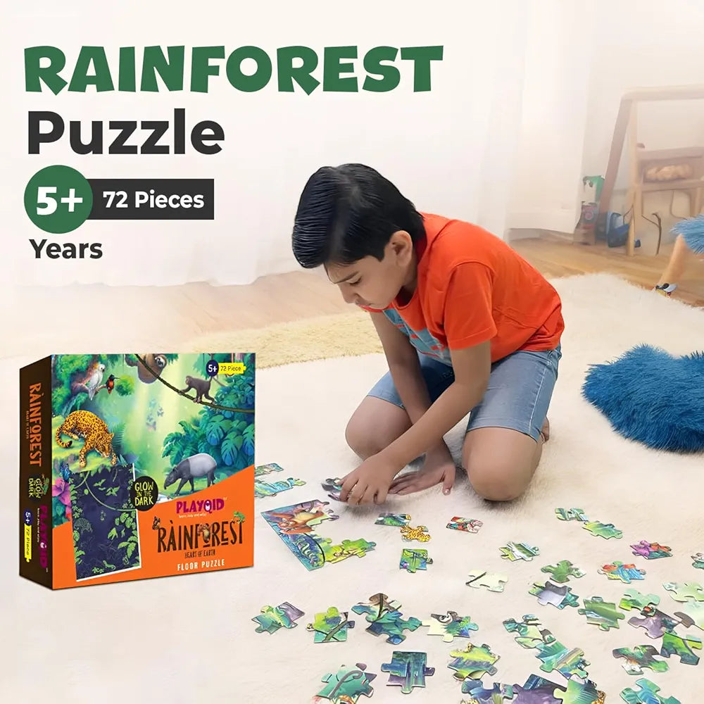 Playqid Glow in The Dark Tropical Rainforest Wild Animals Jigsaw Puzzle for Boys & Girls 72 Piece Floor Puzzle for Age 5 Educational Toy for Kids