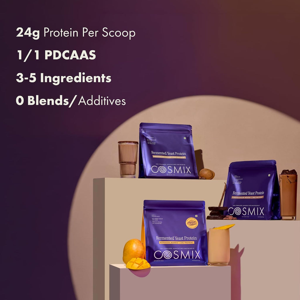 Cosmix Fermented Yeast Protein Powder | 24g Protein | Made with Real Mango | High Absorption with PDCAAS of 1 | No Dairy | Made In-House | Smooth, Tasty & Gut-Friendly | Ratnagiri Mango, 500g Pouch