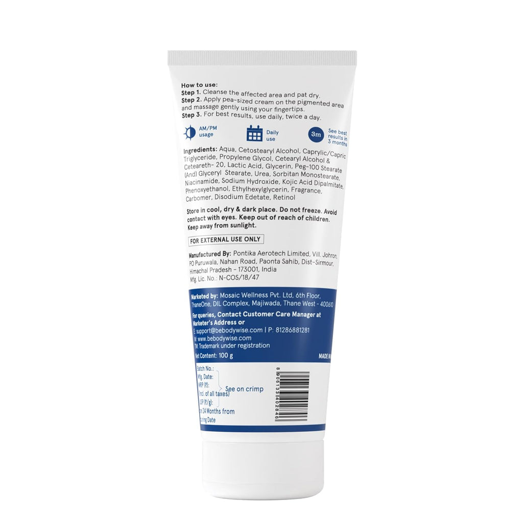 Be Bodywise Pigmentation Cream 100gm | 2.5% Lactic Acid, 2% Urea, Retinol & Kojic Acid | Reduces Tan, Pigmentation & Evens Skin Tone | Treats Dark Patches & Rough Skin on Elbows, Knees, Back of Neck & Thighs | For Daily Use