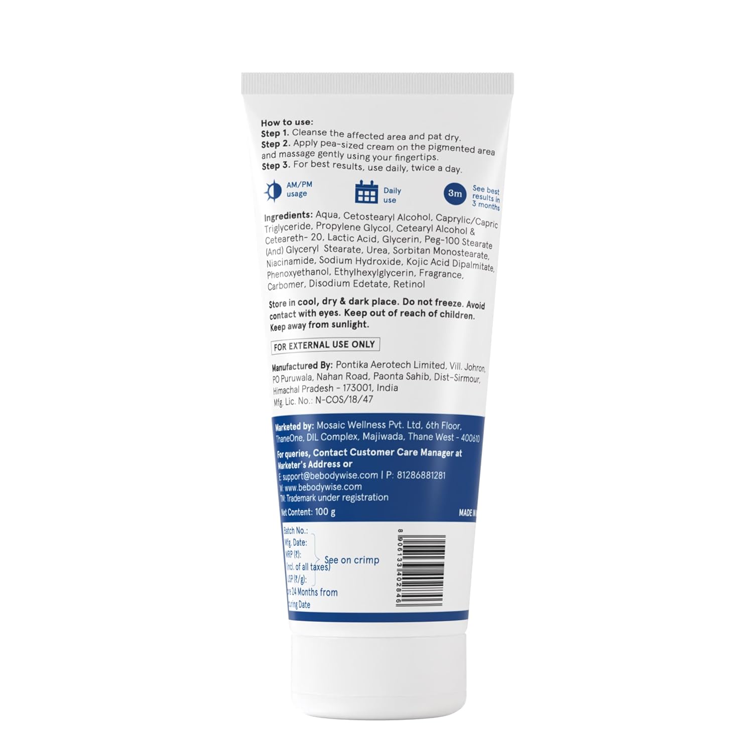 Be Bodywise Pigmentation Cream 100gm | 2.5% Lactic Acid, 2% Urea, Retinol & Kojic Acid | Reduces Tan, Pigmentation & Evens Skin Tone | Treats Dark Patches & Rough Skin on Elbows, Knees, Back of Neck & Thighs | For Daily Use
