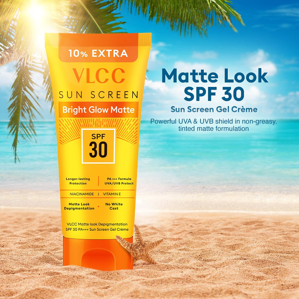 VLCC Bright Glow Matte SPF 30 PA ++ Sunscreen Gel Crème - 100g + 10g Extra - Helps Depigmentation, Non-Greasy Tinted Matte Formula with Broad Spectrum Protection