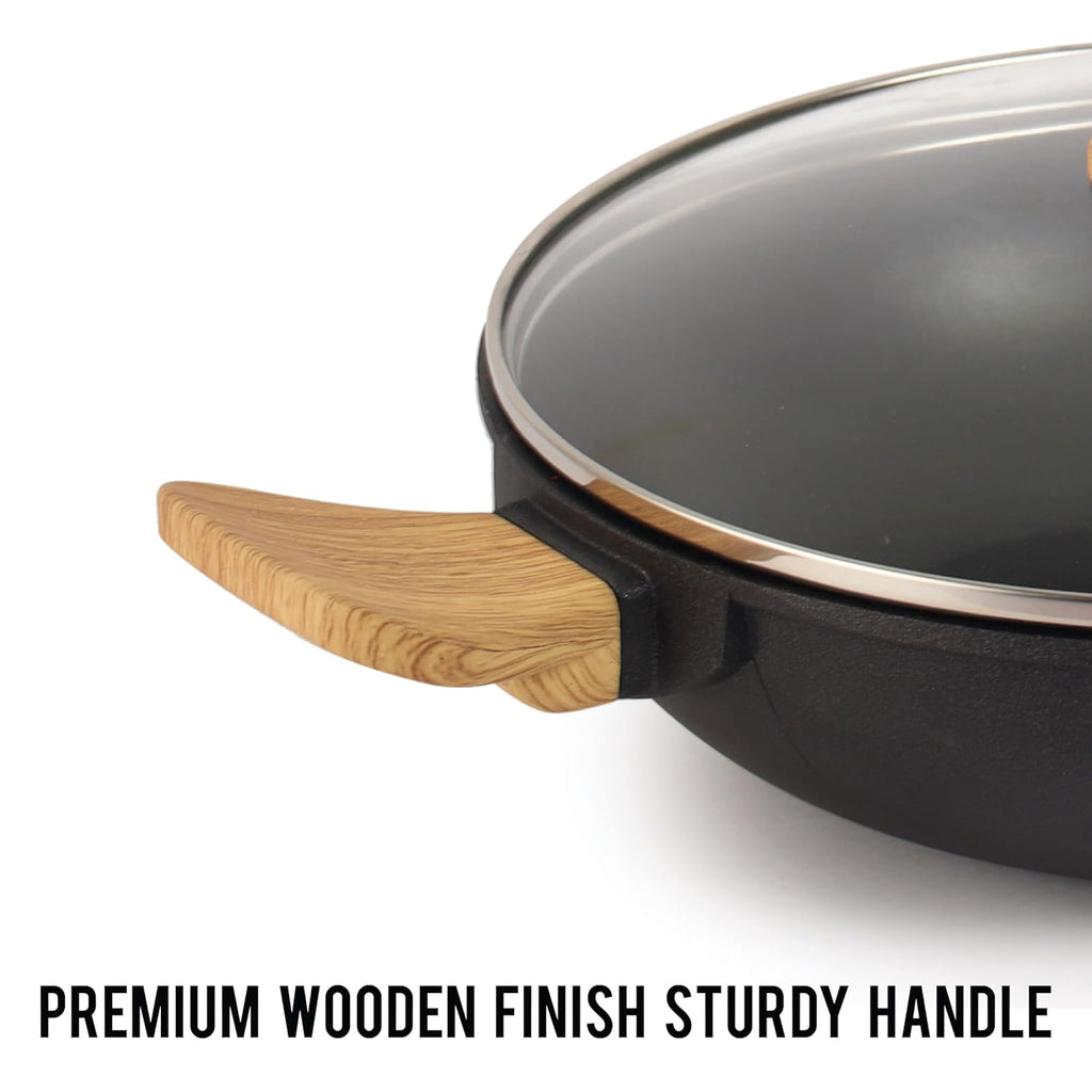 Cello Castello Die Cast Induction Aluminium Kadhai With Glass Lid 24 Cm, 4 Mm Thickness | Induction Base Kadhai | Wooden Handle