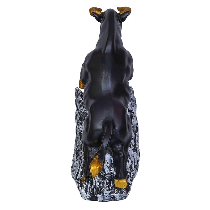 Ecraftindia Black Polyresin Bull Statue With Golden Horns & Climbing on Rock Showpiece
