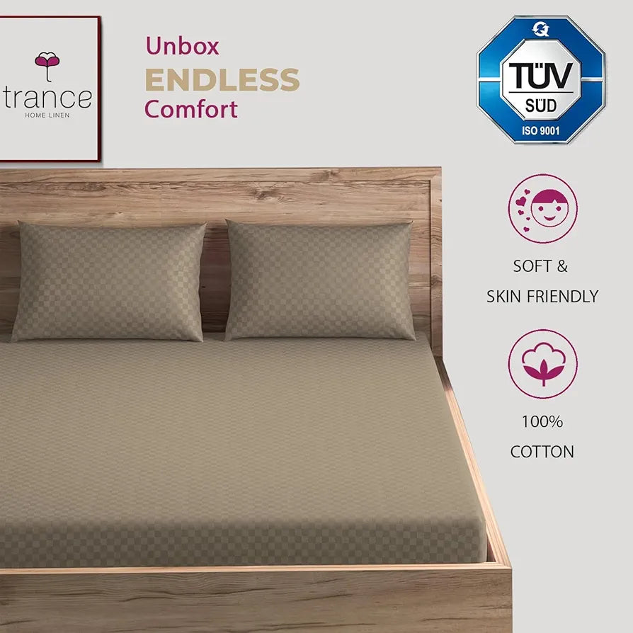 Trance Home Linen 300Tc Pure 100% Cotton Solid Queen Size Jacquard Weave Fitted Bedsheet with 2 Pillow Covers Colour Grey