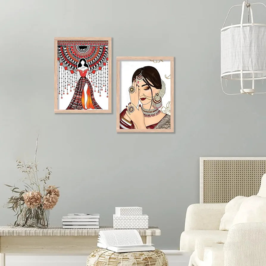 Kotart Indian Woman Digital Painting with Frame Traditional Painting Pack of 2