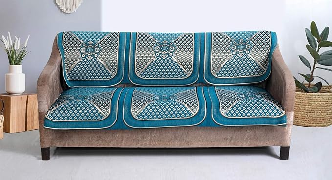 Nendle Velvet Fabric Geometric Sofa Cover Set of 5 Seater (Sky Blue, 6 Pieces)