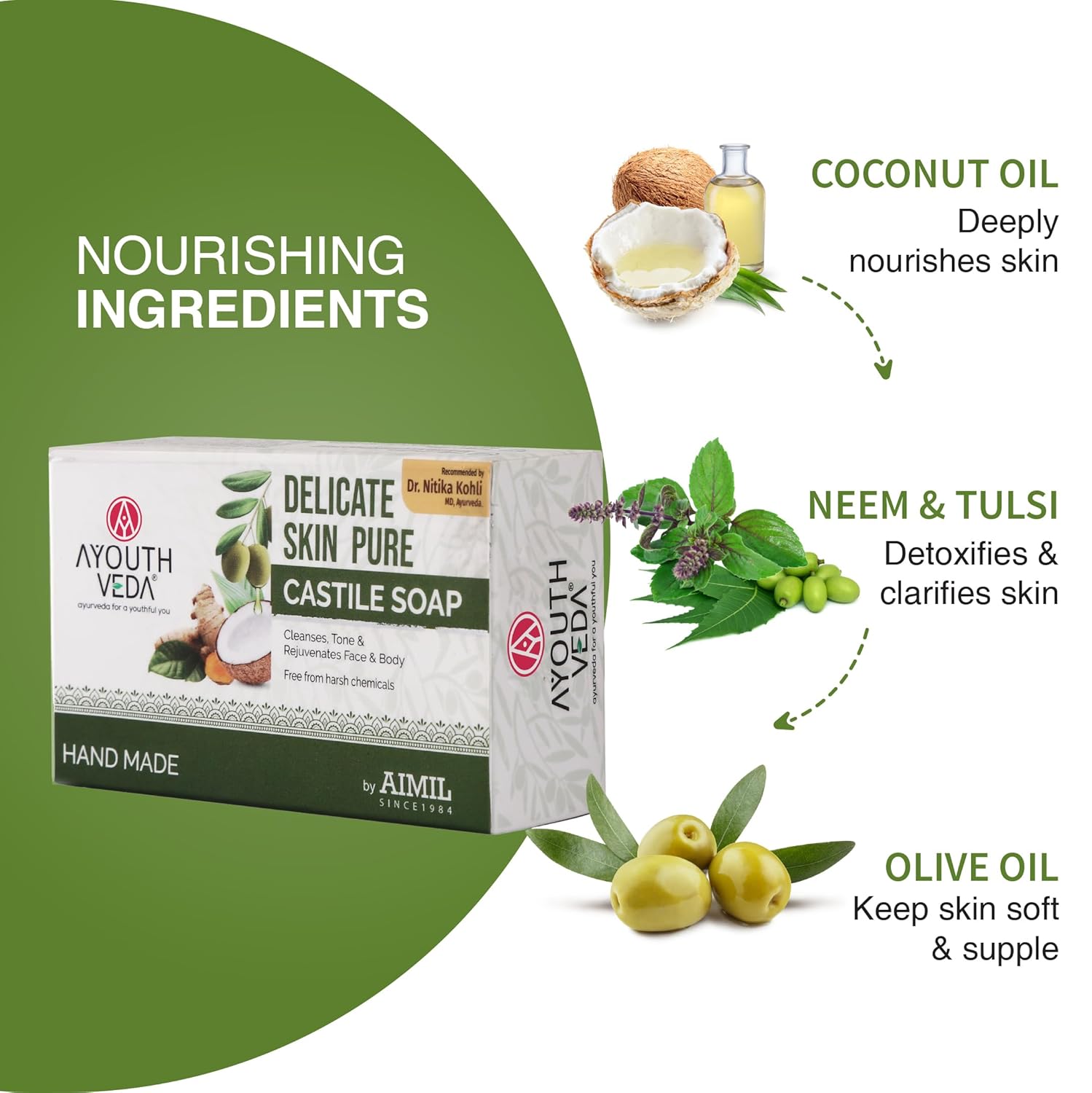 Ayouthveda Delicate Skin Pure Castile Soap | With the Goodness of Tulsi, Neem, Coconut & Olive Oil | Cleanse, Tones & Rejuvenates Skin | Handmade Soap Without Harsh Chemical (Pack Of 1-100Gm)