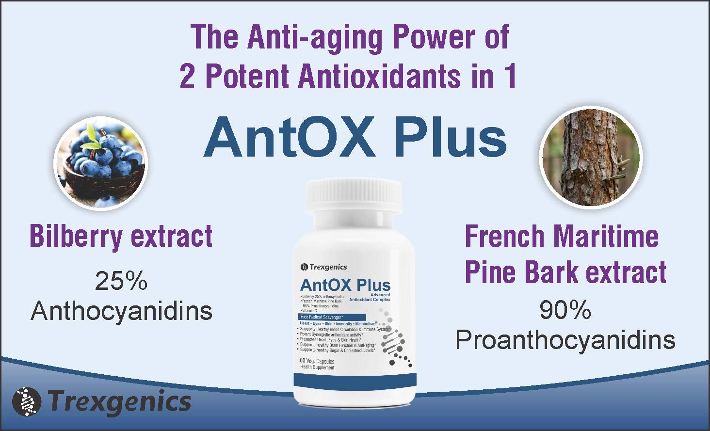TrexgenicsÂ® ANTOX PLUS Bilberry 25% 200 mg, Pine bark 90% 200 mg & Vitamin C Advanced Antioxidant complex, Heart, Eyes, Skin, Immunity, Metabolism (60 Vcaps) (1)