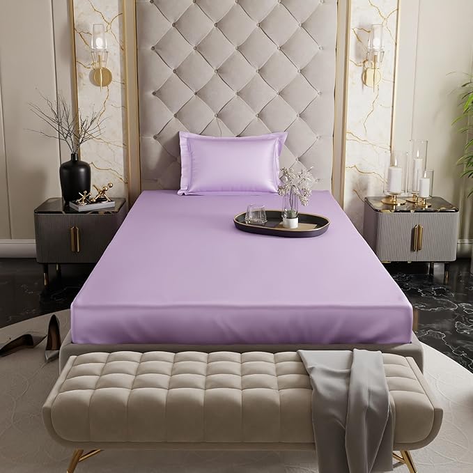 Stoa Paris Satin Elastic Fitted Bedsheets for Single Bed 300TC Premium 1 Pillow Cover Colour Lilac Affair