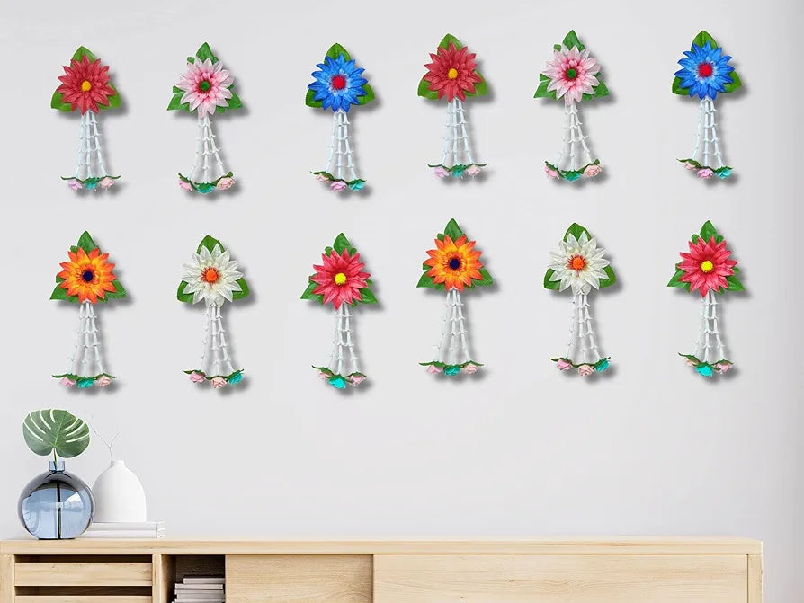 Plastic Artificial Flowers And Leaves Decoration Pack of 12 - Multicolour Flowers