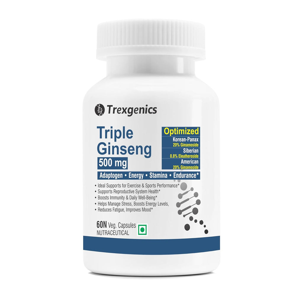 Trexgenics TRIPLE GINSENG 500 mg Optimized American, Siberian, Panax Ginseng Immunity, Energy, Performance (60 Veg. Capsules) (Pack of 1)