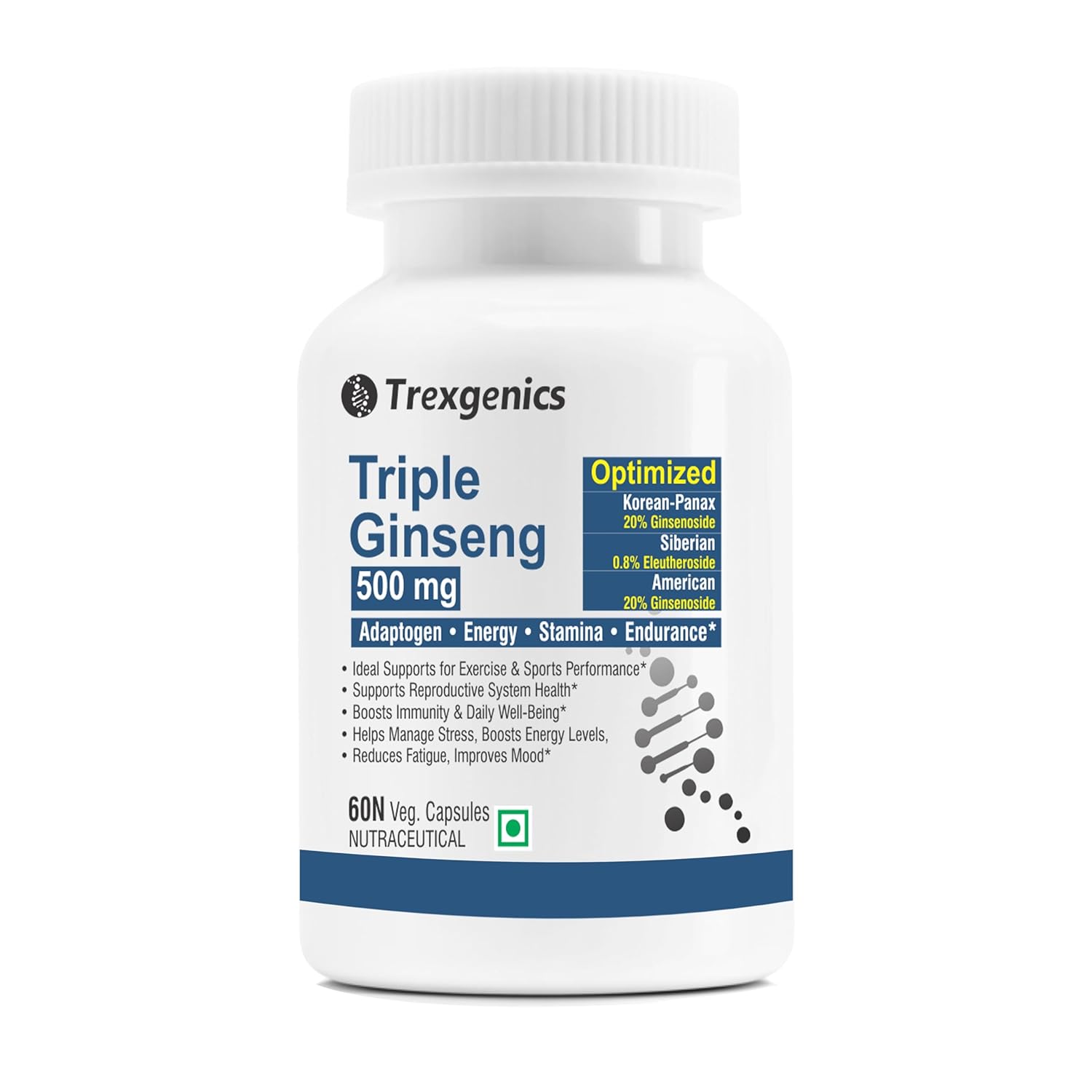 Trexgenics TRIPLE GINSENG 500 mg Optimized American, Siberian, Panax Ginseng Immunity, Energy, Performance (60 Veg. Capsules) (Pack of 1)