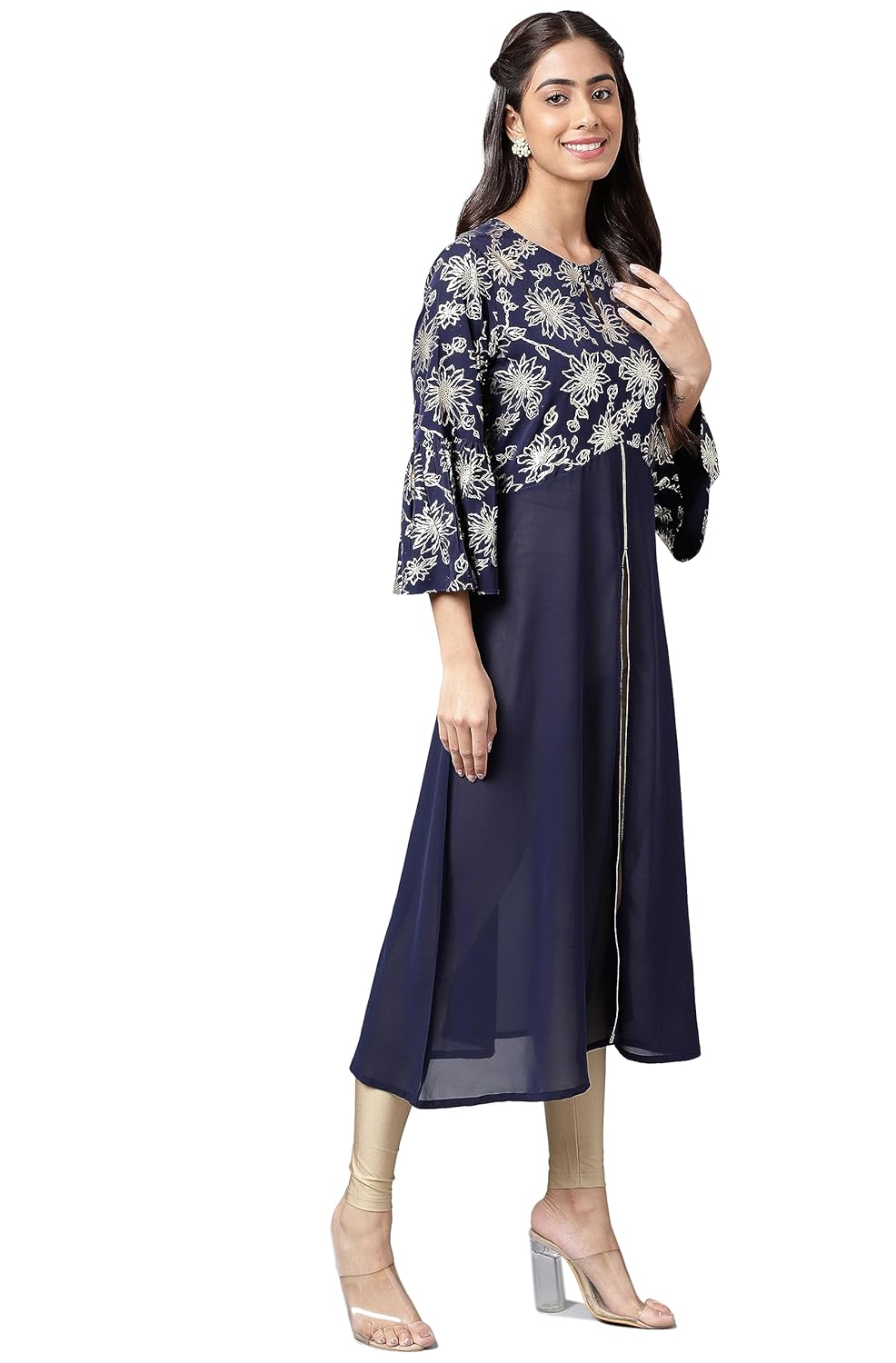 Janasya Women's Navy Blue Georgette Foil Printed A-Line Front Slit Kurta