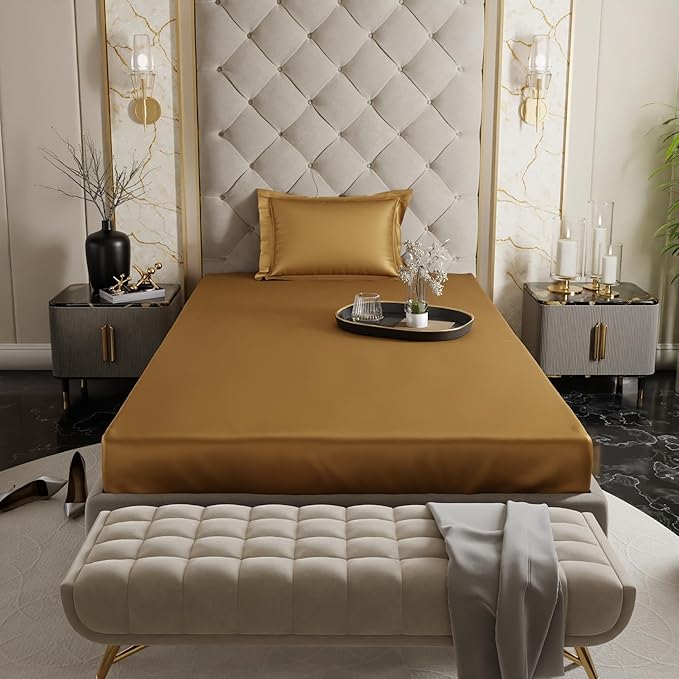 Stoa Paris Satin Elastic Fitted Bedsheets for Single Bed 300TC Premium 1 Pillow Cover Colour Gold