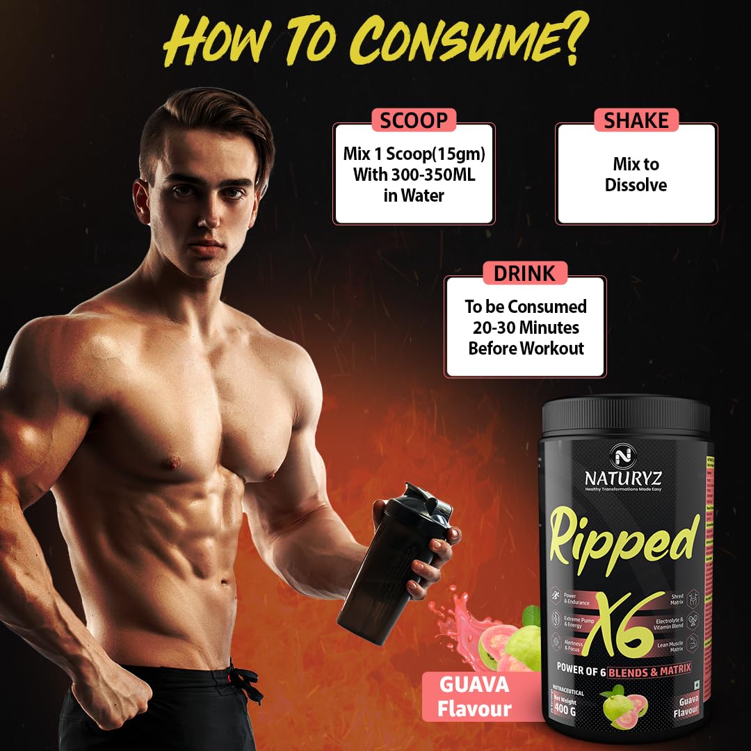 Naturyz Ripped X6 Pre Workout With Highest 24 Nutrients For Extreme Pump,Power,Endurance,Energy,Focus, For Fitness Enthusiasts,Athletes & Bodybuilders- 400 grams (Guava Flavour) - Powder, 1 count
