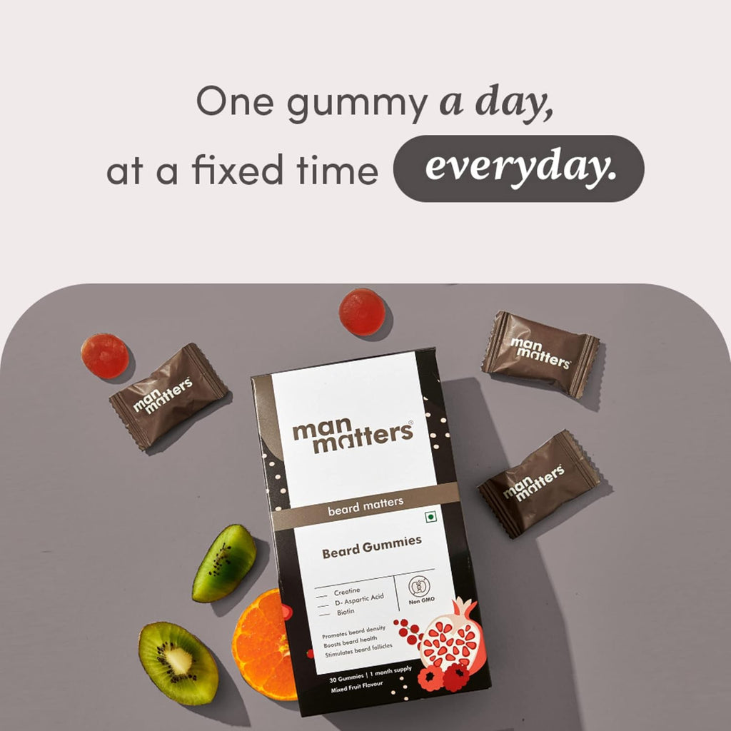 Man Matters Beard Gummies for Men | 30 Days Pack | Thicken Beard, Stimulates Beard Follicles & Improves Beard Density | Biotin, D-aspartic Acid & Creatine | Gelatin-Free,100% Veg