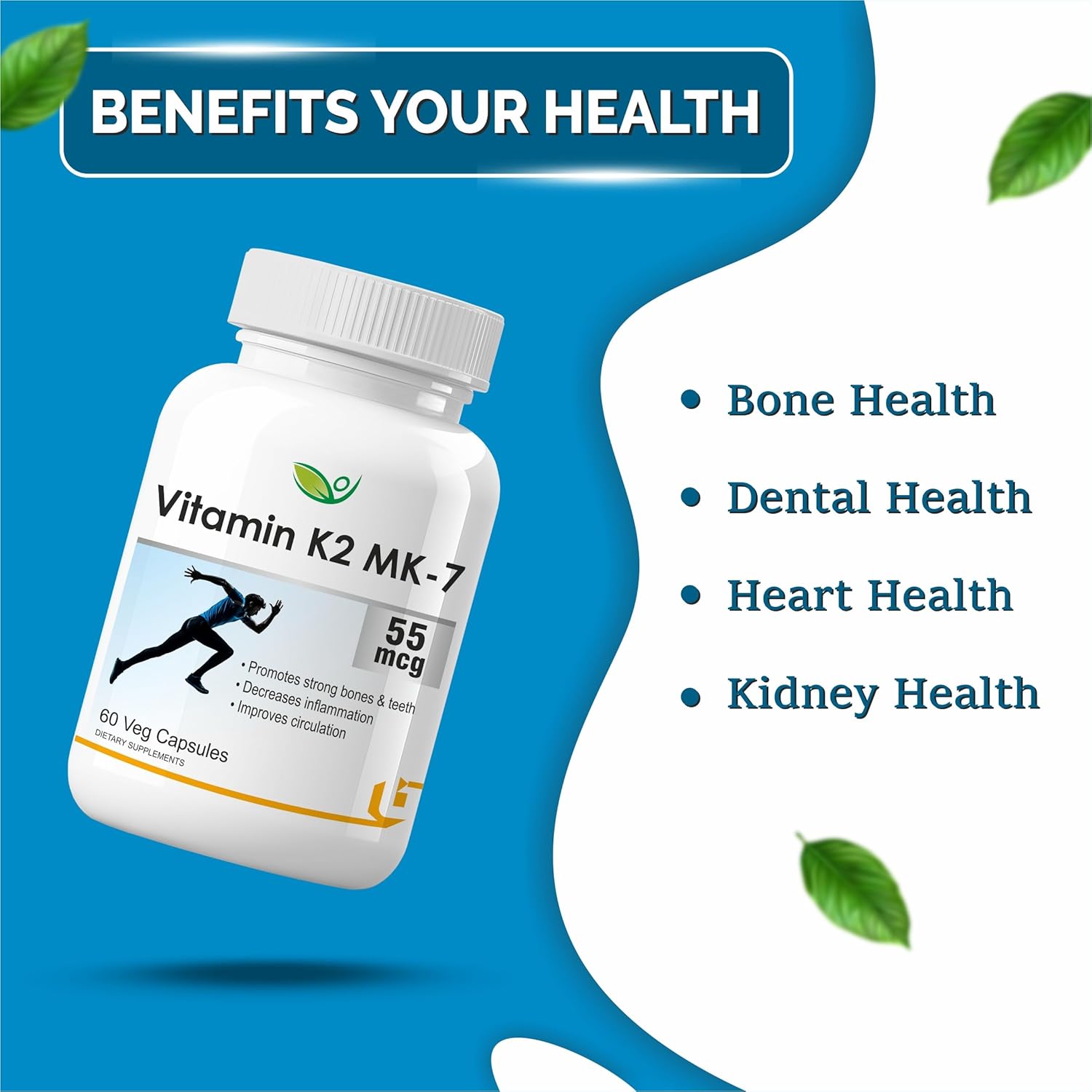 Biotrex Nutraceuticals Vitamin K2 MK-7 (Vegetarian Source) 55mcg | Bioactive Menaquinone-7 | Bone Health & Calcium Metabolism | High Absorption Formula | 60 Veg Capsules