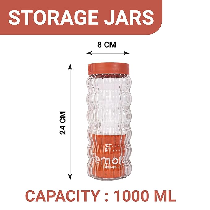 Femora Kitchen Storage Jars Clear Glass With Plastic Stackable Lid Jar | 1000 Ml | Pack of 4